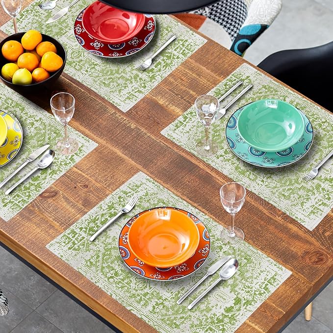 Gray Lime Green Boho Placemats Set of 6 Ethnic Bohemian Carpet Place Mats Washable Kitchen Dining Vintage Grey Geography Floral Linen Table Mats Stain Heat-Resistant for Home Party Indoor 12x18 in