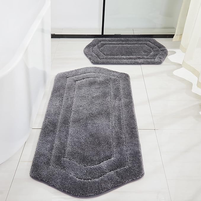 COSY HOMEER Extra Thick Bath Rugs for Bathroom - Anti-Slip Bath Linen Sets Mats Soft Plush 100% Strong Polyester Living Room Bedroom Water Absorbent(Grey,20x32+24x48 -Inches)