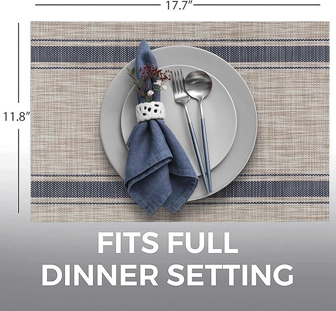 More Décor Dining Table Placemats, Washable Heat-Resistant PVC Vinyl Table Mats for Dining Room and Kitchen, Anti-Slip - Set of 6 - Horizontal Striped Blue - Grey