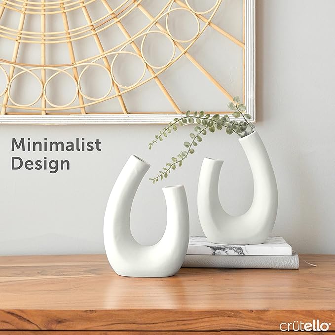 Crutello Minimalist White Ceramic U Style Vase - Set of 2 Modern Home Decor for Mantles, Bookshelves, Tables, Entryways