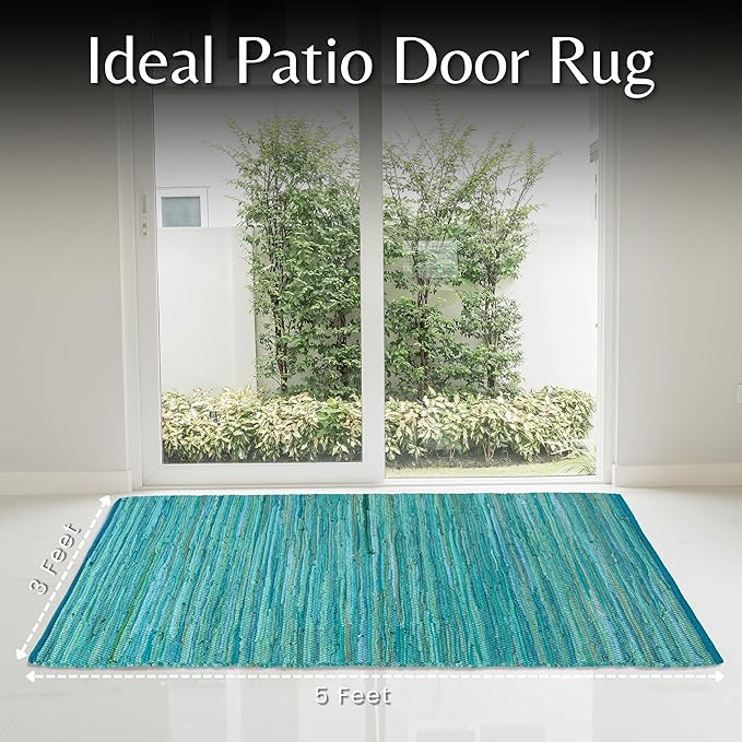 Rug Area Rugs Cotton Teal 3x5 Ft Multicolour Chindi for Livingroom Bedroom Washable RagRug Reversible Farmhouse Kitchen RunnerRug Carpet Area Runner Mat for Hallway, Entryway