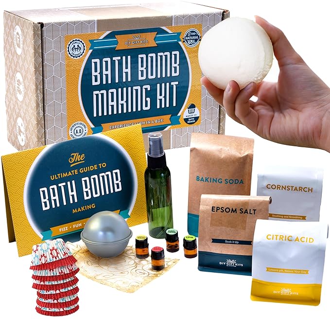 DIY Gift Kits Bath Bomb Making Kit, Make 12 All Natural Bath Bombs at Home, Made in The USA, 100% Pure, 4 Essential Oils, Epsom Salts, Cupcake Mold Liners, Recipes. STEM Science Kit or Gift