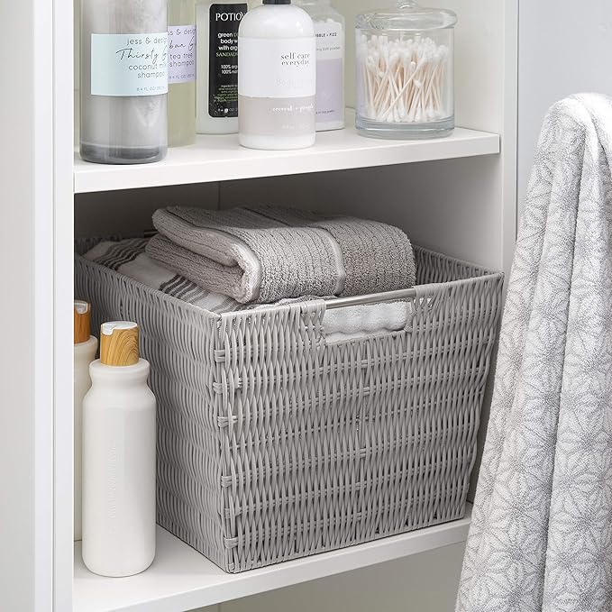 Simplify 15"x13"x10" Large Woven Basket for Storage with Handles, Nursery, Playroom, Toys, Bedroom, Closet, Clothes, Office, Decorative Organizer Rattan Totes, Grey