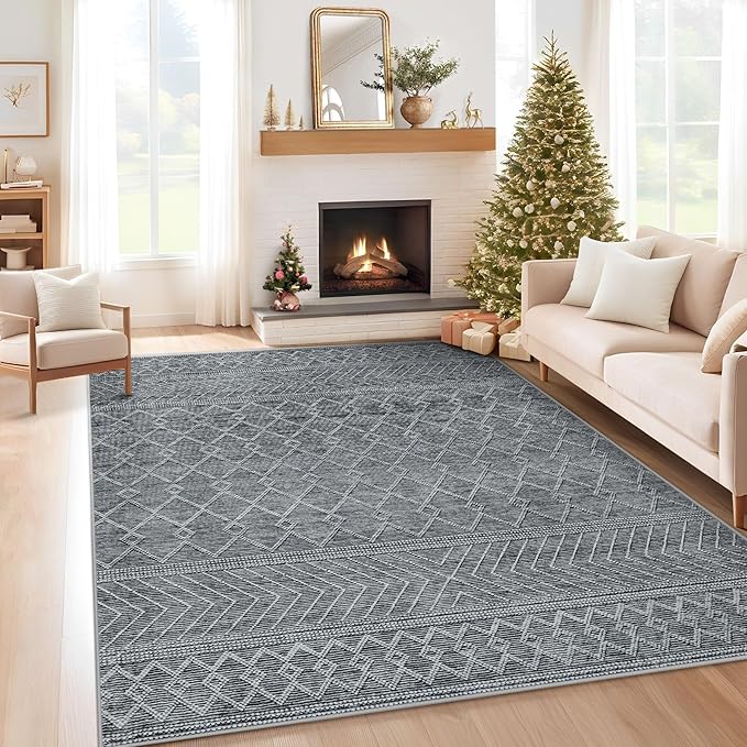 6x9 Area Rug Living Room: Washable Boho Geometric Moroccan Rug Neutral Modern Farmhouse Indoor Soft Non Slip Ultra Thin Printed Pattern Carpet for Dining Room Bedroom Nursery Home (Black, 6'x9')