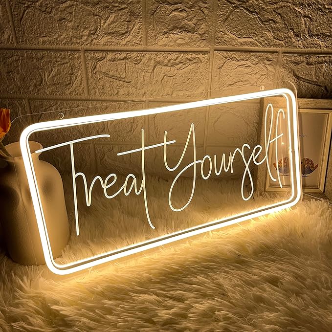Treat Yourself Neon Sign for Wall Decor, Led Light Neon Signs with Dimmer for Bar Club Windows Cafe Bedroom Room Indoor Aesthetic Decoration Wedding Birthday Party Gifts , USB Powered Warm White Sign 15.8 x 7.9 Inch
