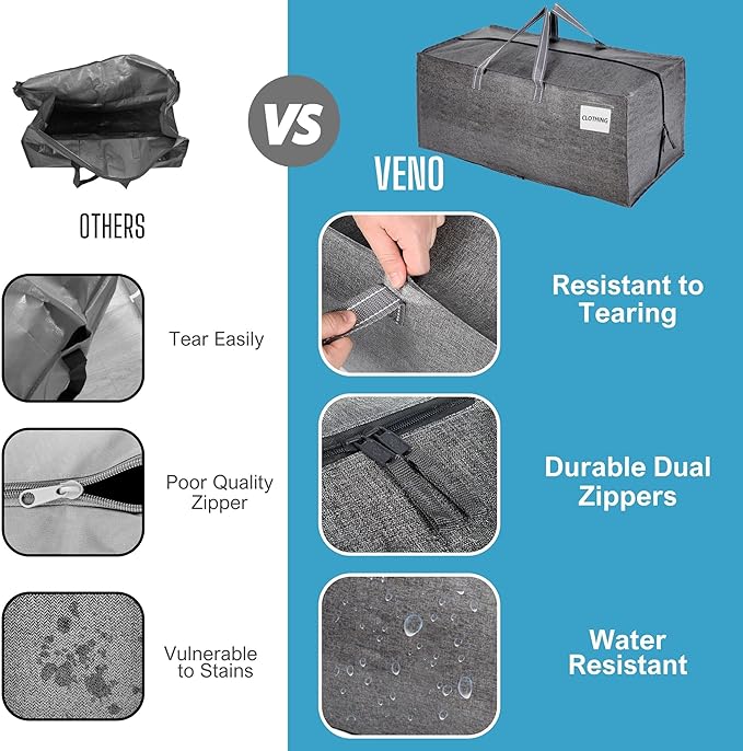 VENO 6 Pack Moving Bags w/Backpack Straps, Heavy Duty, Moving Boxes Alternative, Packing Supplies, Large Storage Totes for Dorm Room Essentials with Zipper for Clothes (Gray, 6 Pack)