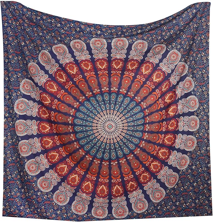 Bless International Handmade Indian hippie Bohemian Psychedelic Peacock Mandala Wall hanging College Dorm Beach Throws Table Cloth Bedding Tapestry (Golden Blue White, Poster(30x40Inches)(76x101cms))