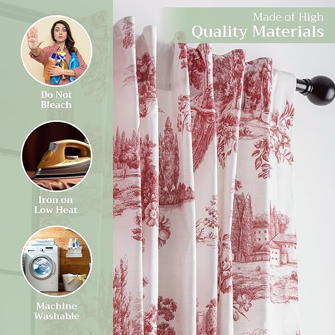 Maison d' Hermine Curtains for Living Room 100% Cotton 108 inch Length Two Panels Light Filtering Toile Curtains for Bedroom Windows with Rod and Loop Pockets Drapes (Trianon Red, 50" W x 108" L)