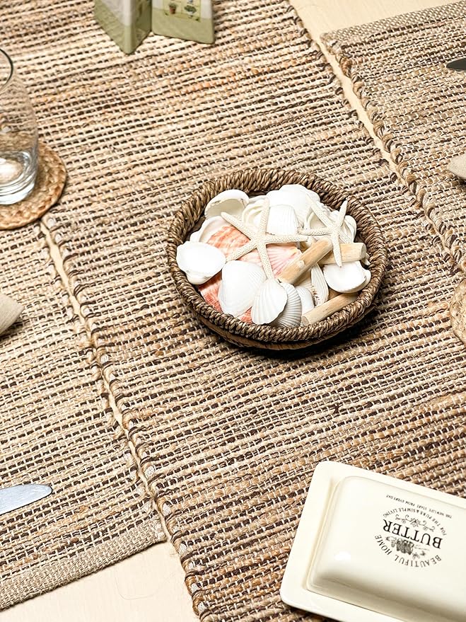 Chardin Home Natural Jute Table Runner 13x48 Inch – Vintage Boho Rustic Table Decor – Handwoven Jute Table Runner in Natural and Brown – Farmhouse Dining or Console Table Accent