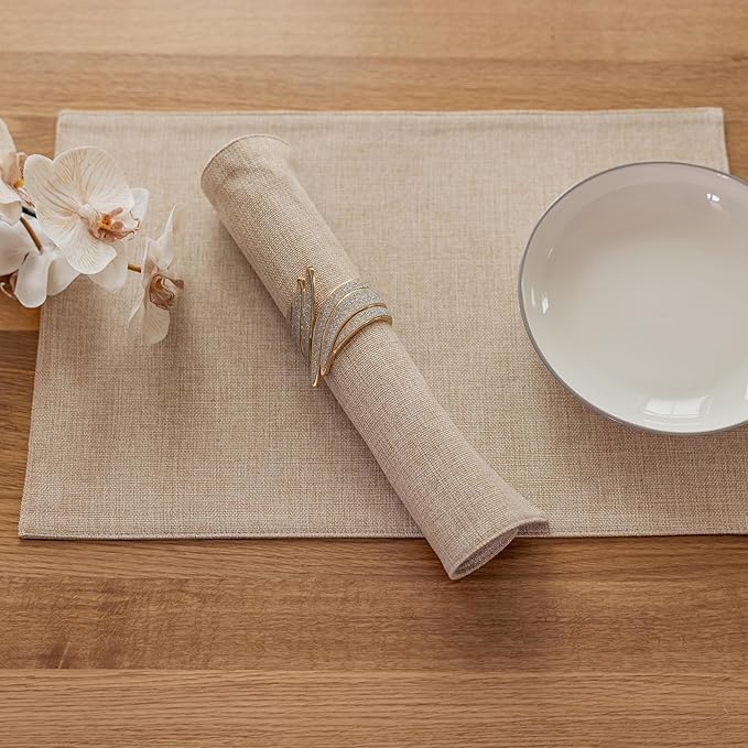Demetex Linen Placemats Set of 8 Modern Beige Place Mats Heat Reasistant Washable Table Placemat for Dining Room Restaurant Indoor, 13x19 inch, Light Linen