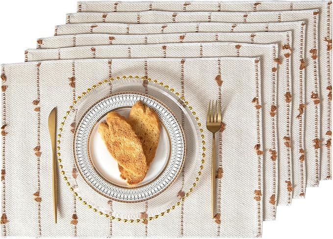 Boho Placemats Set of 6 for Dining Table Decor, Woven Cloth Place Mats for Farmhouse Rustic Kitche Home Decor, Cotton Placemats 13 x 19 Inch, Brown and Beige Table mats