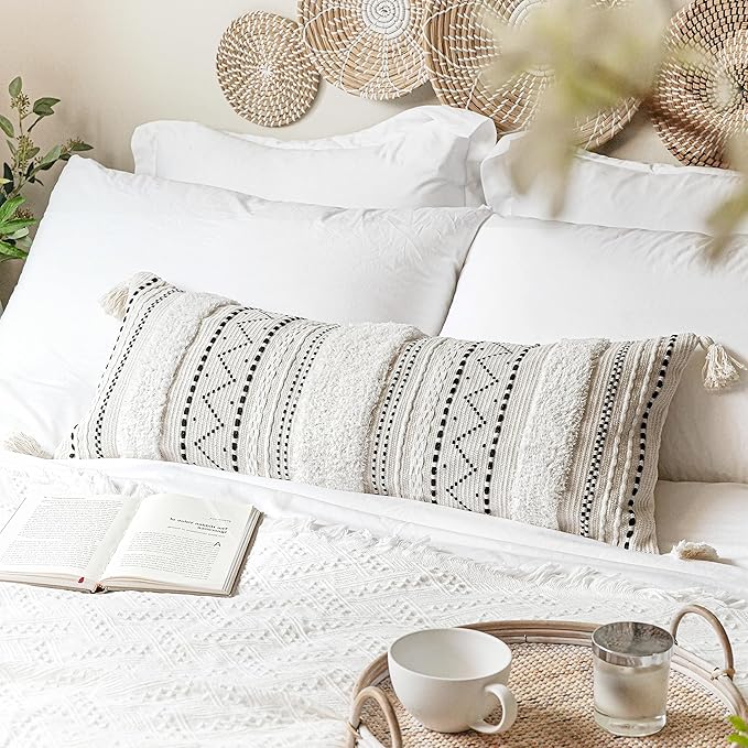 Black Neutral Decorative Lumbar Throw Pillow Cover 14x36 Boho Long Cushion for Bed Accent Farmhouse Pillowcase for Bedroom Living Room Couch Sofa Home Décor (Cover ONLY, Pack of 1)