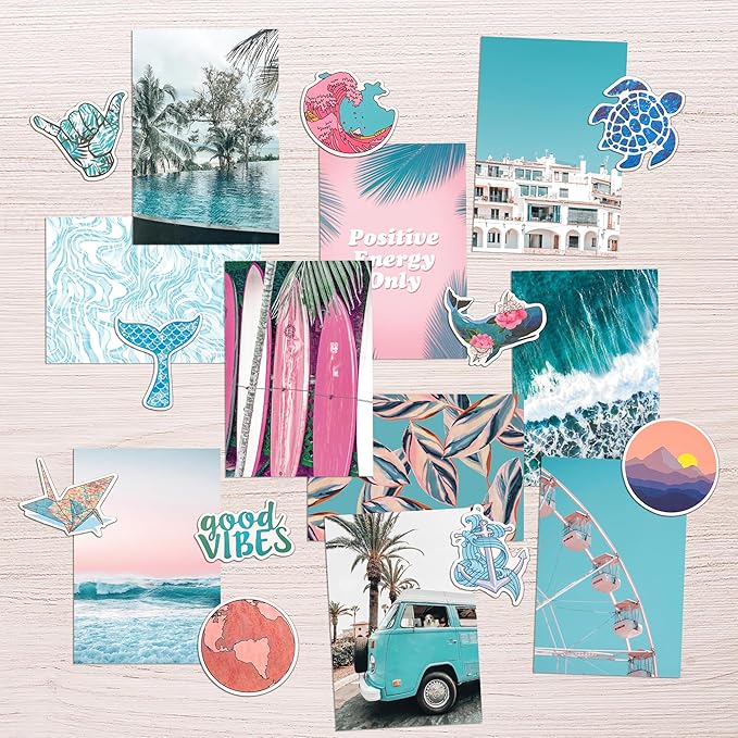 Blue Aesthetic Wall Collage Kit, 100 Set 4x6 inch, Pink VSCO Room Decor for Teen Girls, Summer Beach Wall Art Print, Dorm Photo Collection, Small Posters for Room Aesthetic…