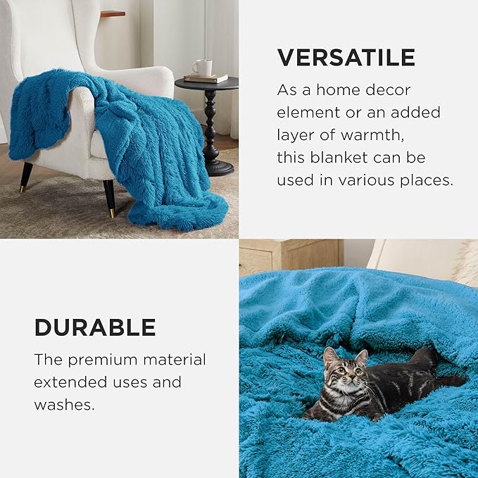 Bedsure Fuzzy Sherpa Faux Fur Twin Blanket Bright Blue Cozy Gifts for Women Men, Soft Fleece Plush Warm Minky Thick Blanket Twin Size for Bed, Room Decor Dorm Essentials Blue Decor Gifts, 60x80