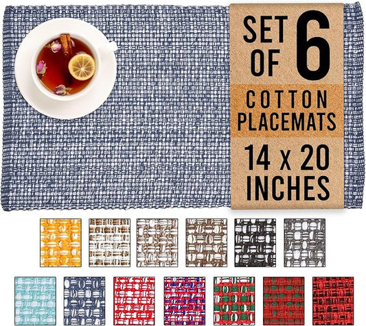 Urban Villa Placemats for Dining Table 100% CottonPlacemats 14''x20'' Over Sized Tablemats Set of 6Placemats Blue/White Two Tone Tablemats for Family Dinners Wedding Parties Everyday Use Placemats