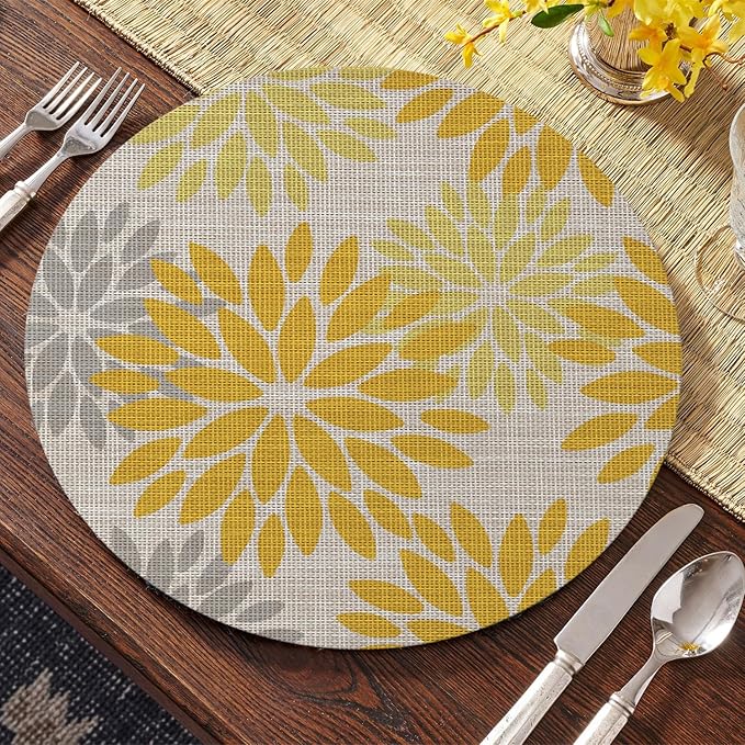 Artoid Mode Yellow Dahlia Plastic Round Placemats Set of 4, 14 Inch Seasonal Wipeable Woven Vinyl Table Mats for Farmhouse Party Kitchen Dining Decor