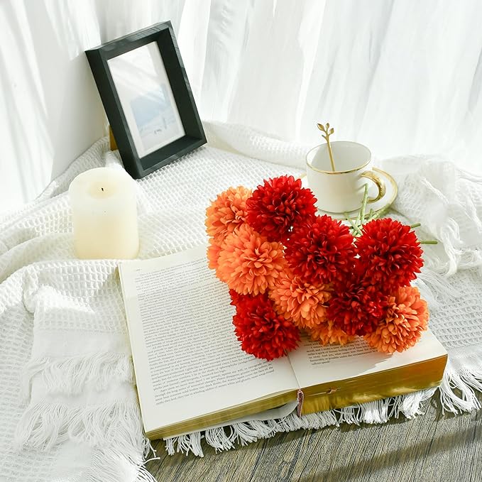 Mandy's Red and Orange Artificial Ball Chrysanthemum 12 Stems Faux Flowers with Bendable Stems for DIY Wedding Centerpiece Fall Decor Home Arrangements
