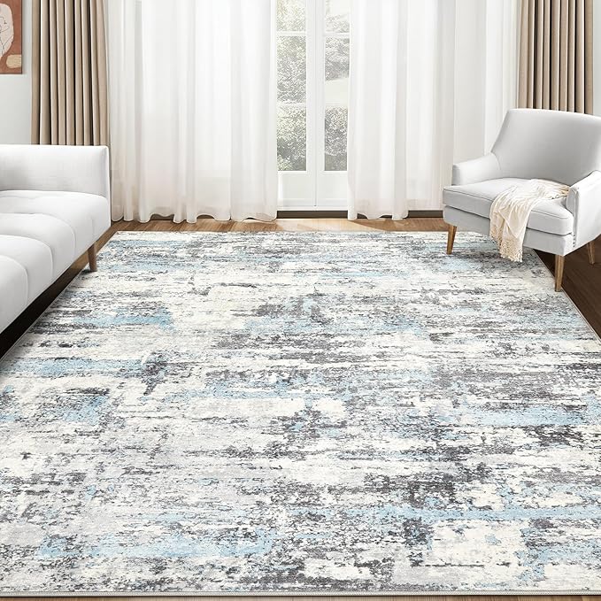 Area Rugs for Living Room: 8x10 Abstract Washable Rug Modern Neutral Large Soft Stain Resistant Non-Slip Backing Machine Table for Bedroom Dining Room Indoor Home Office Carpet - Blue Grey