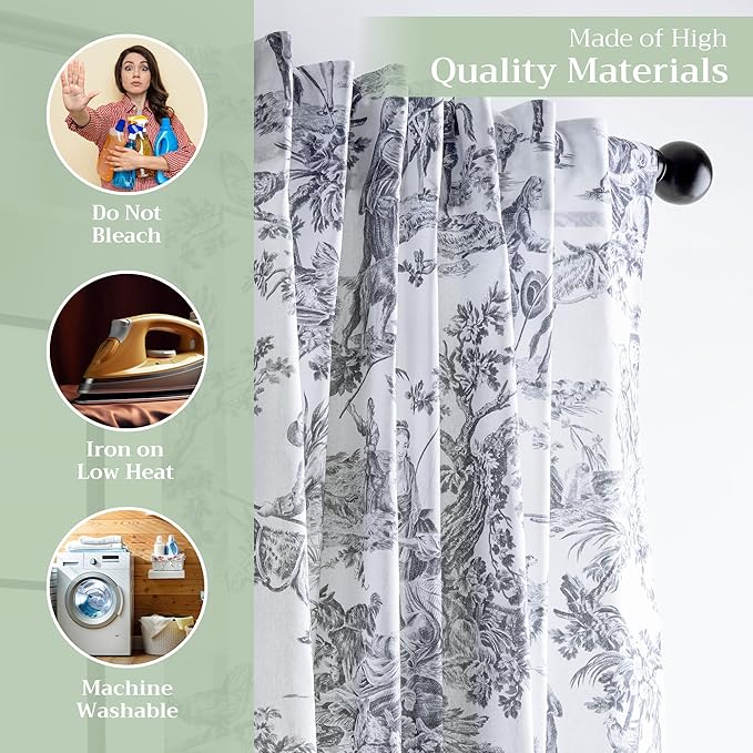 Maison d' Hermine Curtains for Living Room 100% Cotton 96 inch Length One Panel Light Filtering Toile Curtains with Rod and Loop Pockets (The Miller Paloma Gray (White Background), 50" W x 96" L)