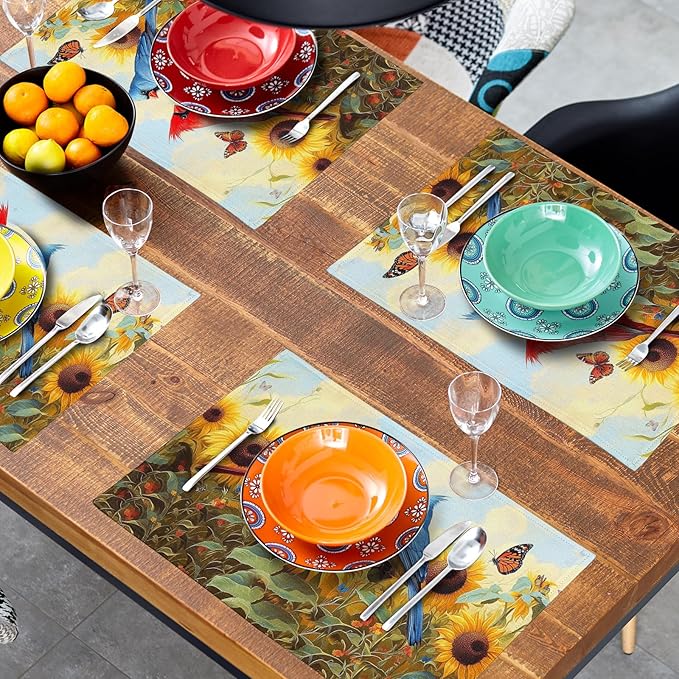 Giwawa Sunflower Birds Placemats Set of 4, Summer Sun Flower Butterflies Linen Place Mat 12x18 Inch, Farmhouse Floral Washable Table Mats Kitchen Dining Tabletop Party Picnic Decor