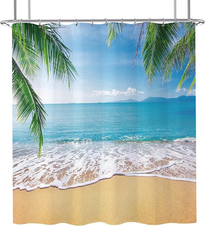 Ocean Beach Shower Curtain 72x72 Summer Seaside Bath Curtain Set Island Nature Scene Palm Tree Tropical Bathroom Decor Relax Nautical Coastal Shower Curtain