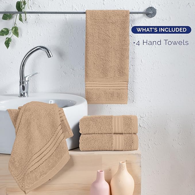 Elegant Comfort Premium Turkish Cotton 4 Pack Hand Towel Set - 16 x 28 inch, Luxurious Hotel Spa Quality 100% Turkish Cotton 4PC Hand Towel Set - Highly Absorbent - Soft Bathroom Towels, Taupe