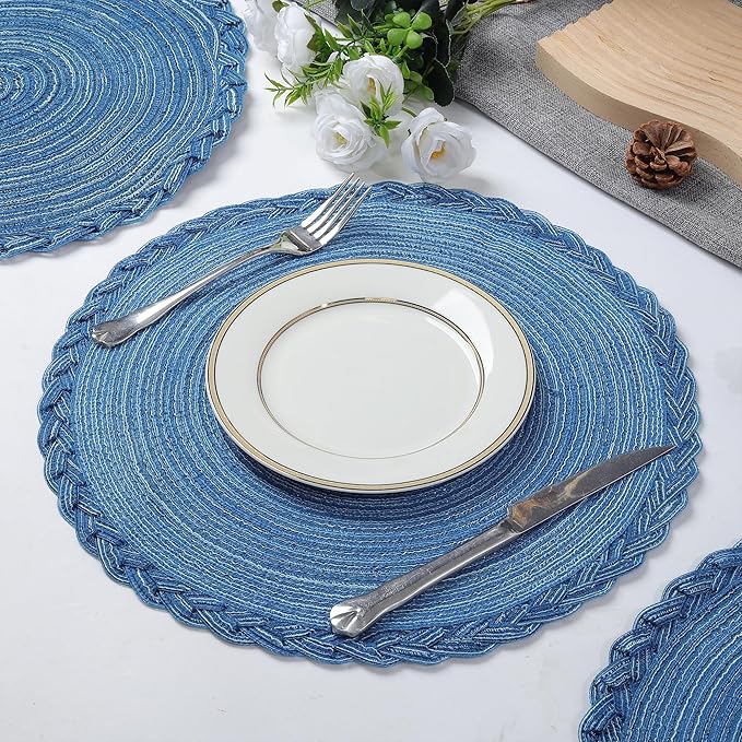 fanquare Cool Blue Round Briaded Placemats Set of 8 Heat Resistant Non Slip Placemat for Dining Table Washable No Fadding Table Mats for Long Term Use