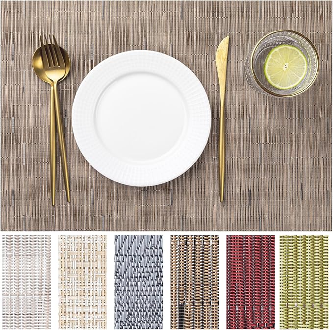 LEXMORE PVC Woven Placemats 4 PCS Wipeable Indoor/Outdoor Table Mats Washable Vinyl Place Mats for Dining Table, Set of 4-Light Brown