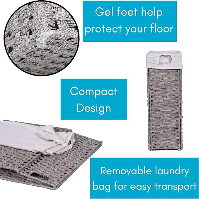 BIRDROCK HOME 22" Laundry Hamper with Removable Liner Bag - Handwoven PE Rattan Clothes Basket - Compact & Collapsible Laundry Storage for Bedroom & Bathroom - Perfect for Small Spaces - Slim, Grey