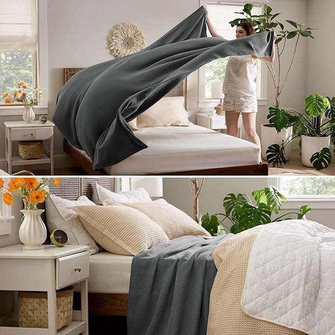 Bedsure 100% Cotton Blanket King Size for Bed - Breathable and Lightweight, Soft Cozy Textured Herringbone Woven Blanket for Summer, Dark Grey, 108x90 inches
