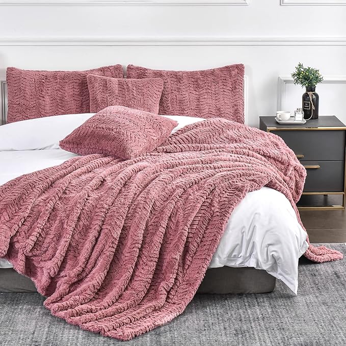 YUSOKI Luxury Faux Fur Throw Blanket(Without Pillows) 2 Layers,3lb,All Ages,Home Decoration, (Pink,50" x 63")