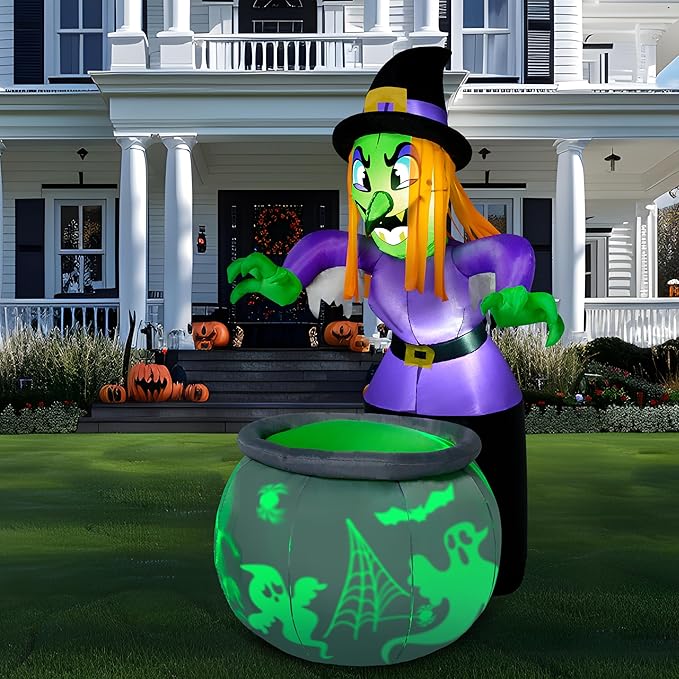 Joiedomi 6 Ft Halloween Inflatable Witch and Cauldron Decoration with Projecting Rotating Green Ghost Light, Inflatable Yard Decor Blow Up with Build-in LEDs for Halloween Party Indoor, Outdoor Decor