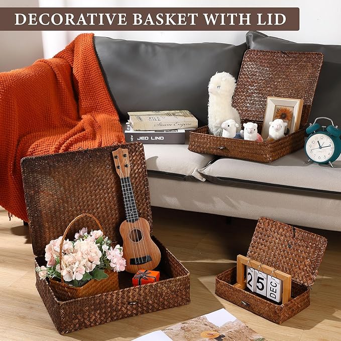 6 Pcs Seagrass Storage Baskets with Lid Large Wicker Decorative Storage Baskets Stackable Boxes Woven Rectangular Rattan Storage Bins Shelf Baskets Organizer for Closet Bedroom, Coffee