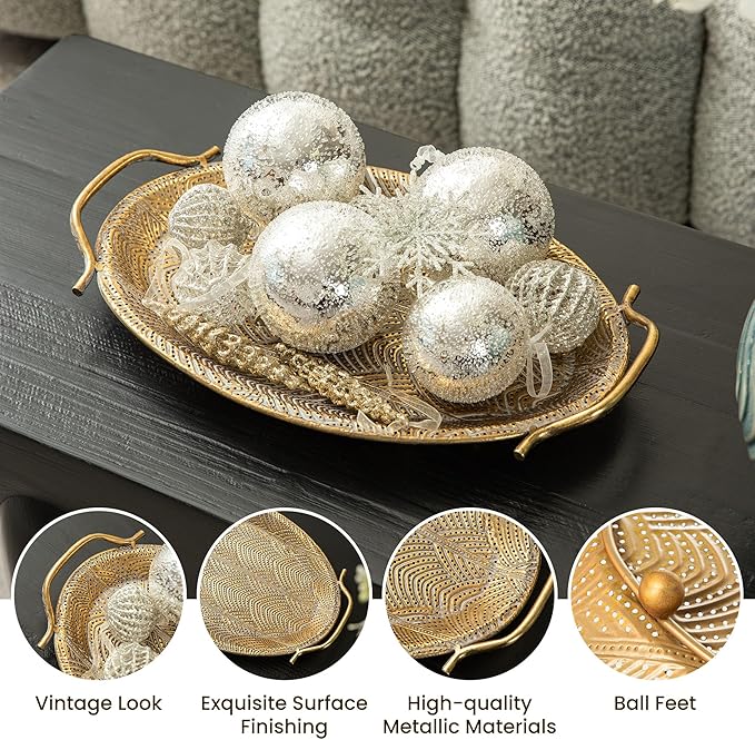 Glitzhome Set of 2 Vintage Gold Decorative Trays with Handles, Metal Large Oval Jewelry Decorative Trays, Bathroom Dresser Vanity Trays