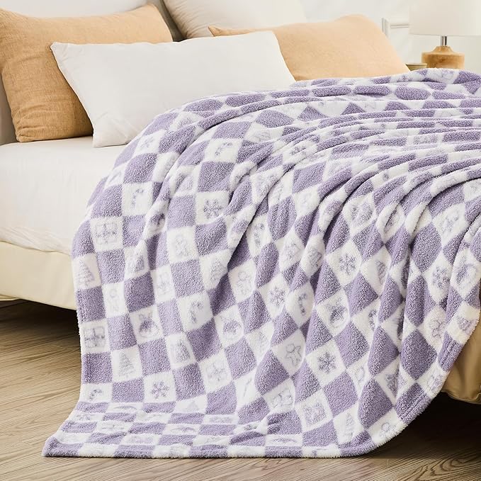 EMME Checkered Blanket Twin Size - 60"x80" Lavender Knit Blanket Soft Fluffy Patterned Blankets for Couch, Sofa, Chair, Bed, Camping, Picnic, Travel