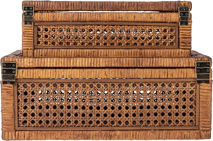 Creative Co-Op Modern Decorative Rectangle Woven Rattan and Wood Display Boxes with Glass Top, Set of 2 Sizes, Dark Brown Finish, Rectangular