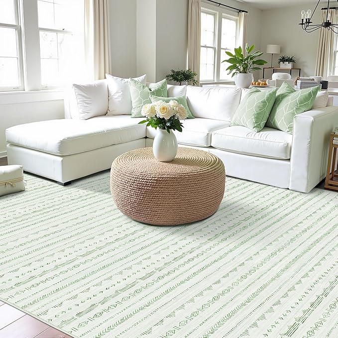 Sage Green Area Rug 6x9 Living Room Distressed Area Rugs, Non Slip Washable Rugs Large Moroccan Boho Farmhouse Rug for Bedroom Dining Room, Neutral Low Pile Indoor Floor Carpet