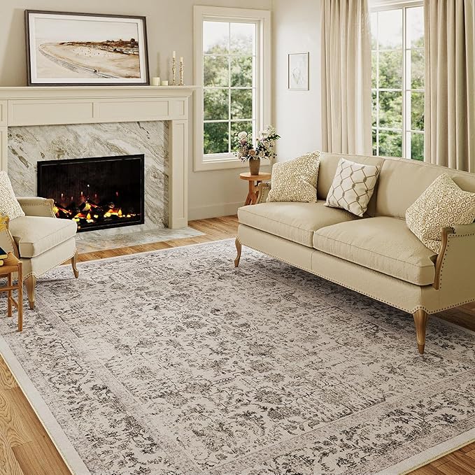 Black Area Rug 5x7 Machine Washable Vintage Living Room Distressed Non Slip Carpet Traditional Indoor Bedroom Retro Floral Accent Throw Large Rug Office Kitchen Bathroom Dining Room