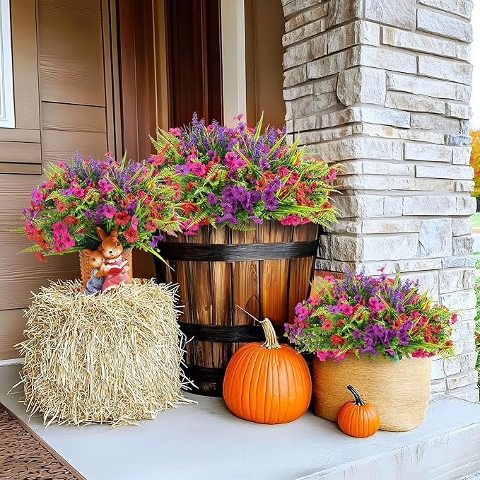 48 Bundles Artificial Flowers for Outdoors Spring Summer Decoration, UV Resistant Eucalyptus Violet and Lavender Silk Fake Plants for Outside Indoor Yard Home Patio Decor, Red Rose Purple