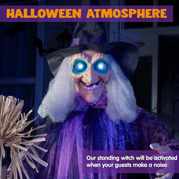 JOYIN 72" Outdoor Halloween Decorations Witch Life Size Animated with LED Eyes and Creepy Sound, Radar Motion Activated Animatronics Clearance for Haunted House Decor Lawn Yard Patio