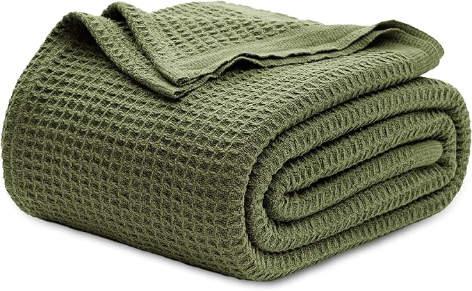 Bedsure 100% Cotton Blanket Queen Size for Bed - Breathable and Soft, Waffle Weave Blanket for Summer Spring, Olive Green, 90x90 Inches