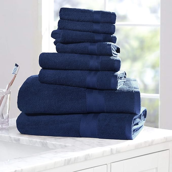 BOUTIQUO Navy Blue Towel Set - 8 Piece Bathroom Towel Set - 100% Ring Spun Cotton, 2 Bath Towel 27x54, 2 Hand Towel 16x28 and 4 Washcloth 13x13 - Ultra Soft Highly Absorbent Towel Set - Navy Blue