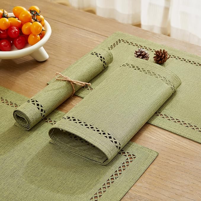 Burlap Placemats Set of 6, 12 x 18 Inch Rustic Geometric Hollow Place Mats, Heat Resistant Placemats for Farmhouse Kitchen Table Decor, Sage Green 6PCS