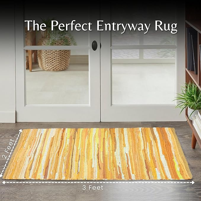 Rug Area Rugs Cotton Mustard 24x36 Inches Multicolour Chindi for Livingroom Washable RagRug Reversible Farmhouse Kitchen RunnerRug Carpet Area Runner Mat for Hallway, Entryway