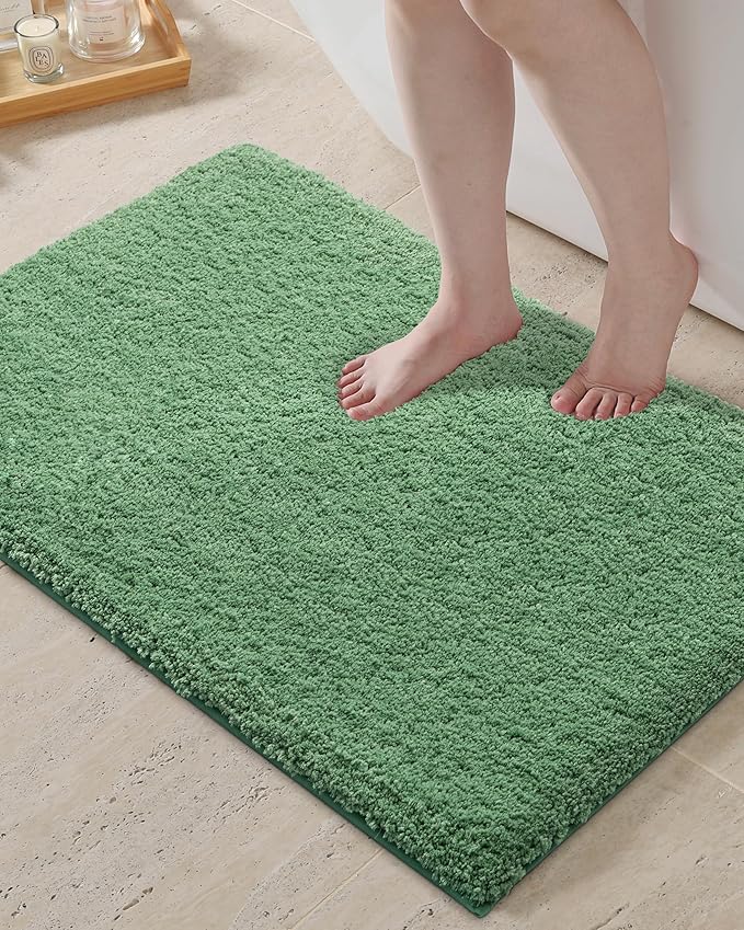 ILANGO 2 Piece Bathroom Rugs Bath Mat Set, Dries Quickly,Non Slip Fluffy Shaggy Bath Washable Mats with U-Shaped Toilet Rug Set for Bathroom,Tub,Toilet (Green,17" x 24" + 20" x 24")