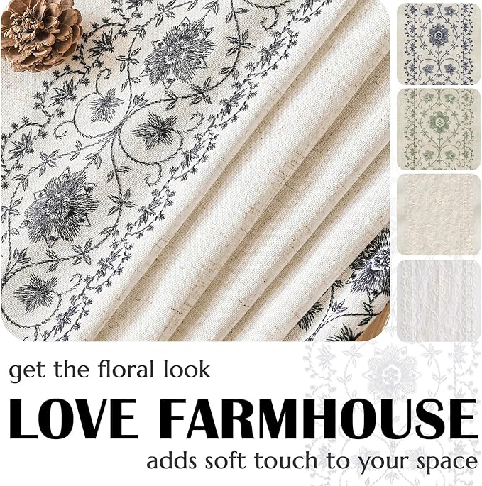jinchan Boho Curtains for Living Room Black Vintage Floral Farmhouse Curtains 84 Inches Long Linen Blend Drapes for Bedroom Embroidered Light Filtering Drapes Rod Pocket Black on Beige 2 Panels