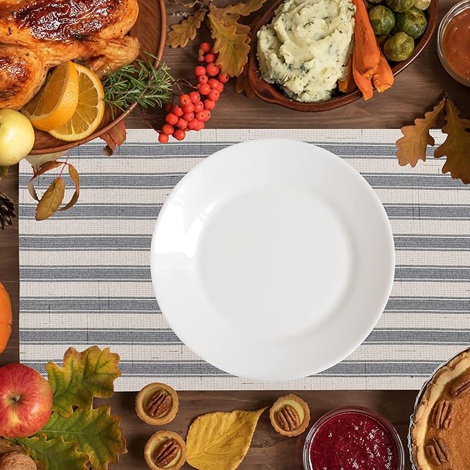 Home Brilliant Farmhouse Placemats Set of 6 Heat Resistant Dining Table Mats for Kitchen Table, 13 x 19 inches, Stripes, Grey and Beige