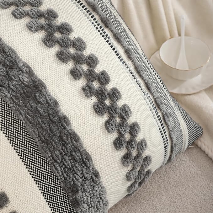 Tosleo Boho Throw Pillow Covers 18x18 Set of 2 Striped Decorative Pillow Cases Accent Chenille Pillowcases Farmhouse Cushion Case Bohemian Nuetral Textured Pillow Cover,Gray