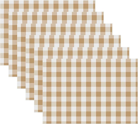 Urban VillaPlacemats for Dining Table 100% Cotton Placemats 14''x20'' Over Sized Tablemats Set of 6 Placemats Taupe/White Buffalo Check Tablemats for Family Dinners Wedding PartiesPlacemats
