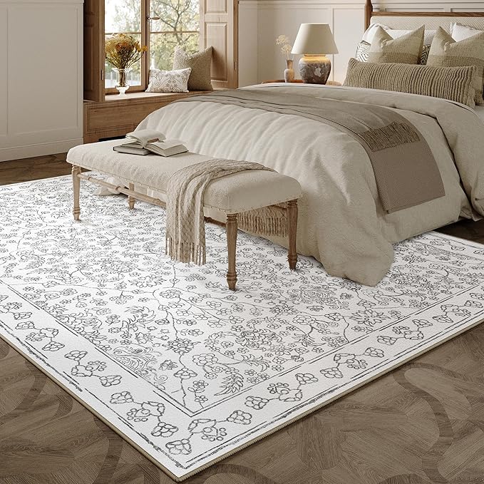 Floral Area Rug 4x6 Washable Entryway Grey Carpet Non Slip Boho Thin Farmhouse Throw Accent Rug for Living Room Bedroom Office Kitchen Bathroom
